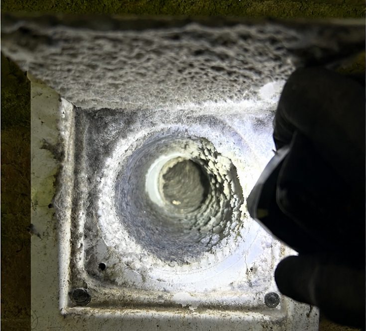 Exterior dryer vent hood caked with lint before cleaning